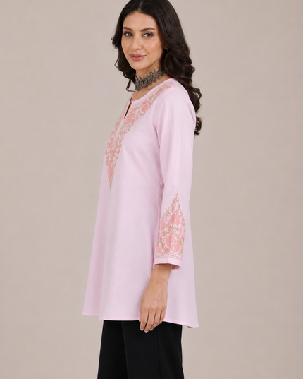 Qazmi Women Aari Embroidered Viscose Rayon A-Line Short Kurti with Full Sleeves