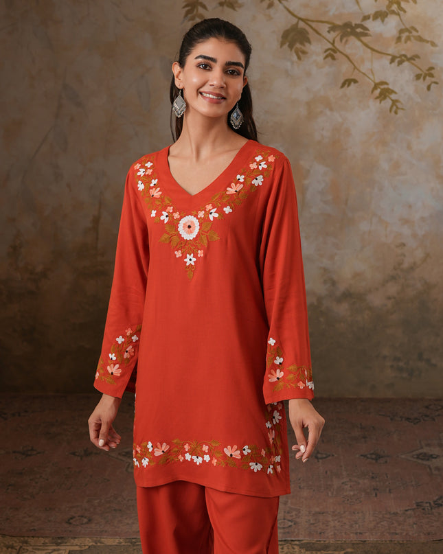 Qazmi Women's Aari Work V-Neck Black CoOrd Set