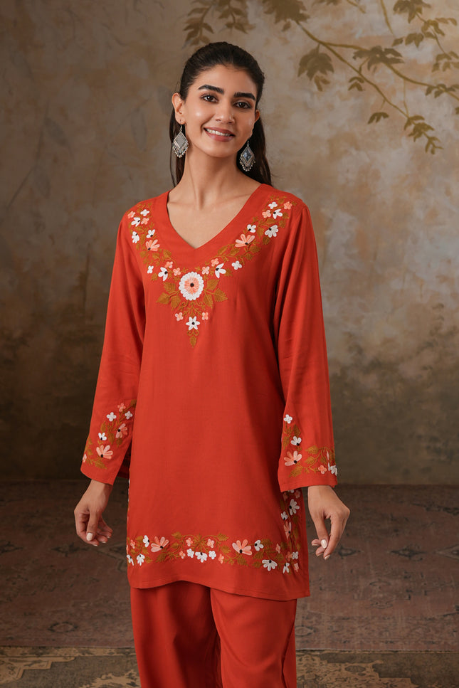 Qazmi Women's Aari Work V-Neck Black CoOrd Set