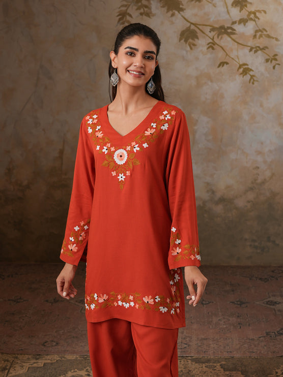 Qazmi Women's Aari Work V-Neck Black CoOrd Set