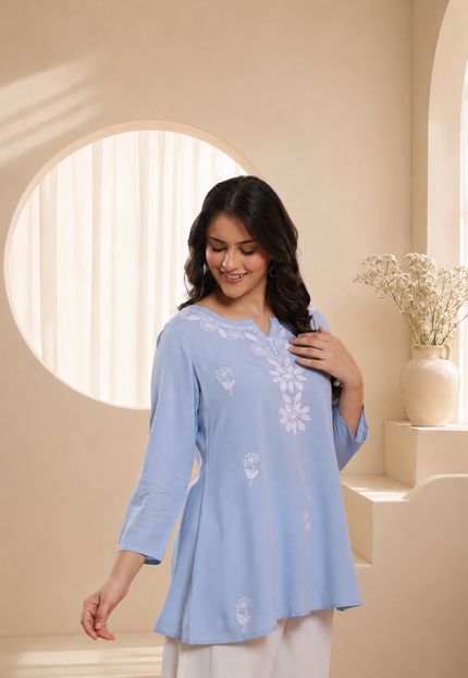 Qazmi Women's Kashmiri Aari Embroidered Viscose Rayon A-Line Flared Kurti