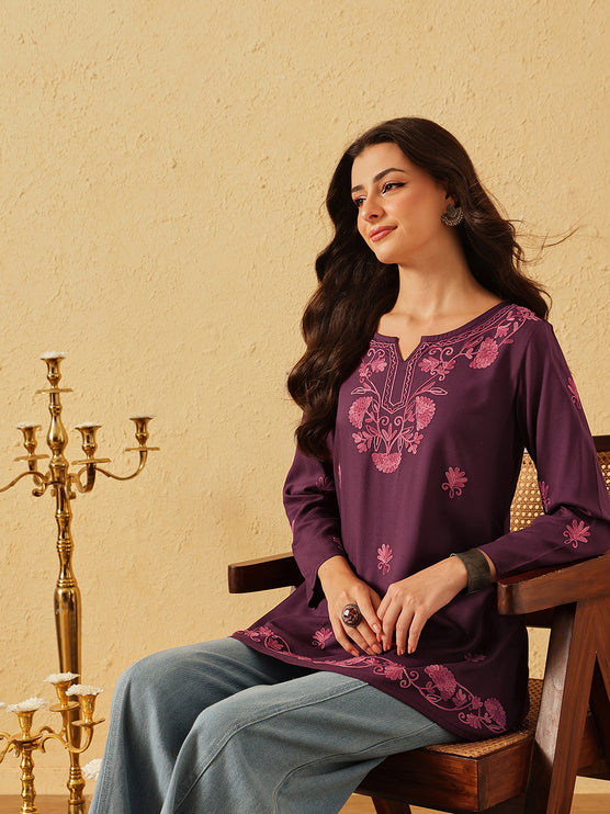 QAZMI Zayesha Kashmiri Aari Embroidered A-Line Flared Kurti