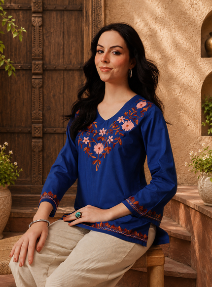 Qazmi Women's Nafisa Kashmiri Aari Work V-Neck Blue Kurti