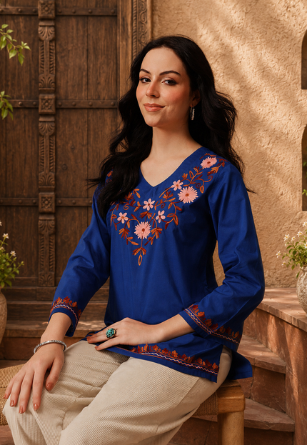 Qazmi Women's Nafisa Kashmiri Aari Work V-Neck Blue Kurti