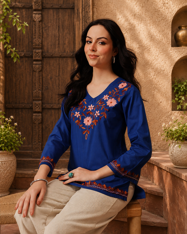 Qazmi Women's Nafisa Kashmiri Aari Work V-Neck Blue Kurti