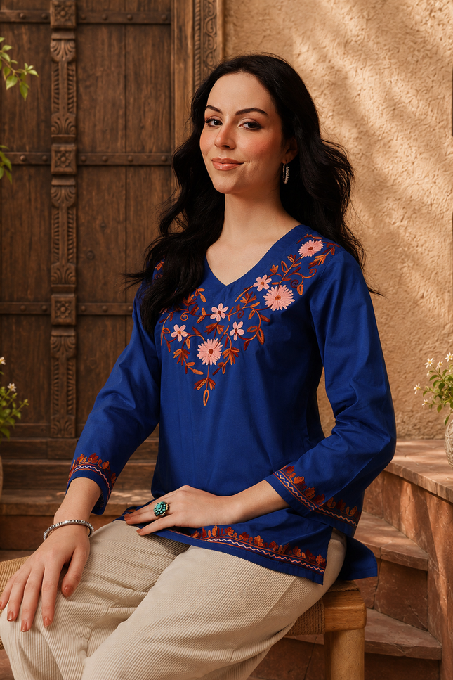 Qazmi Women's Nafisa Kashmiri Aari Work V-Neck Blue Kurti