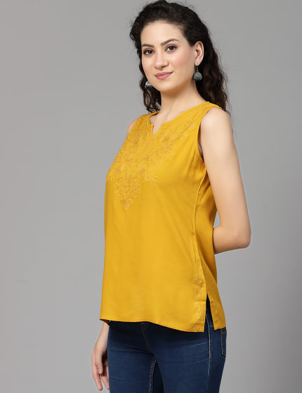Mustard Self Sleeveless Aari Short Kurti For Women