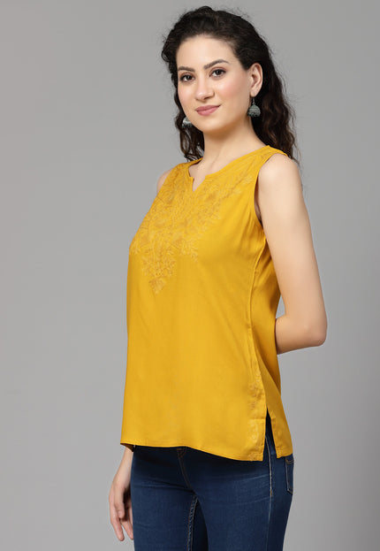 Mustard Self Sleeveless Aari Short Kurti For Women