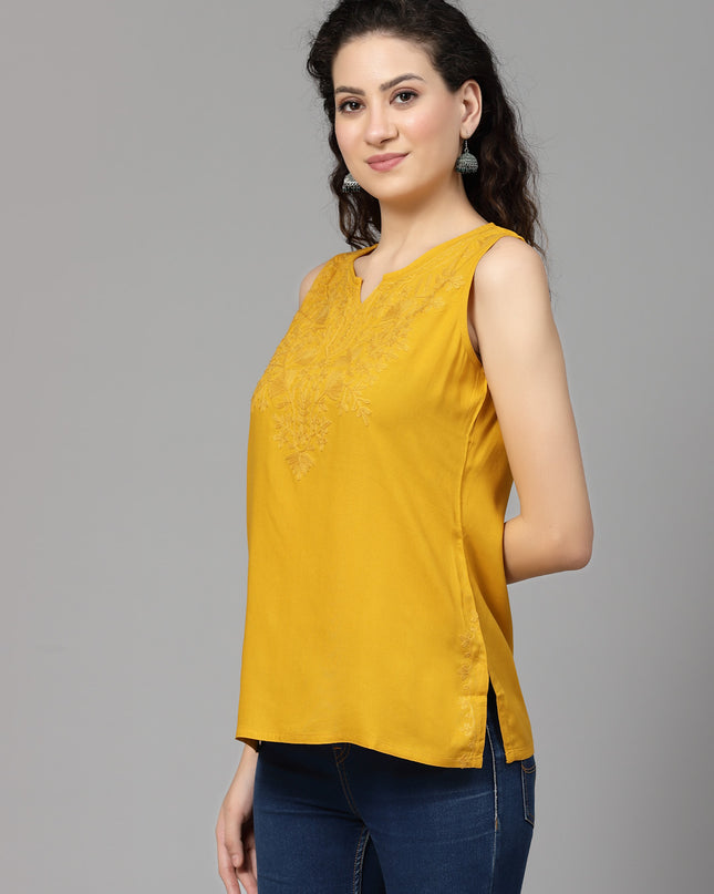 Mustard Self Sleeveless Aari Short Kurti For Women