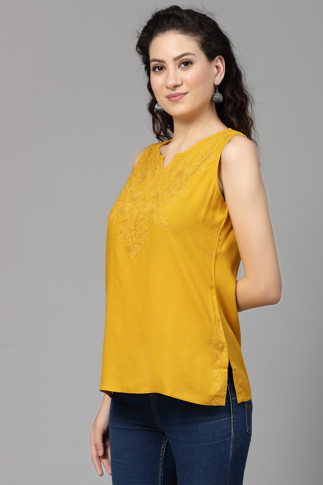 Mustard Self Sleeveless Aari Short Kurti For Women