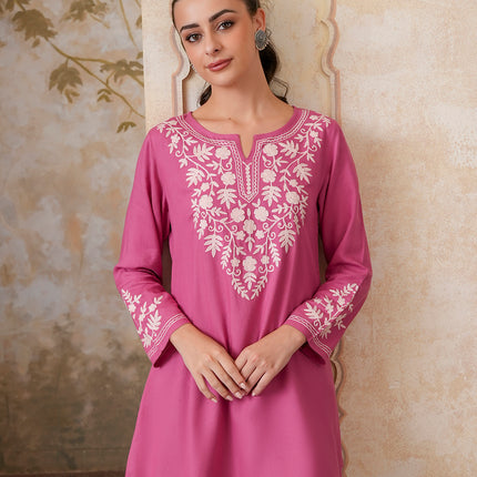 Qazmi Women's Kashmiri A-Line Full Sleeves Viscose Rayon Black Flared Short Kurti