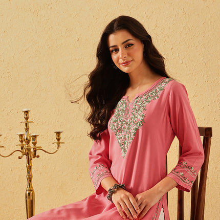 Qazmi Women's Mahsa Kashmiri Aari Work Peach Straight Kurta