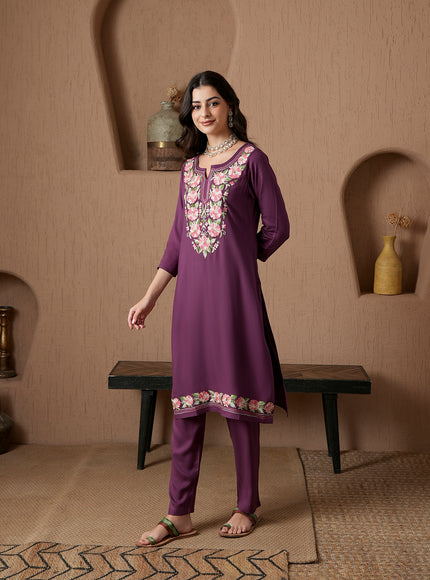 Qazmi Women's Mysa Kashmiri Aari Work Dark Wine Kurta Set