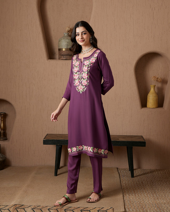 Qazmi Women's Mysa Kashmiri Aari Work Dark Wine Kurta Set