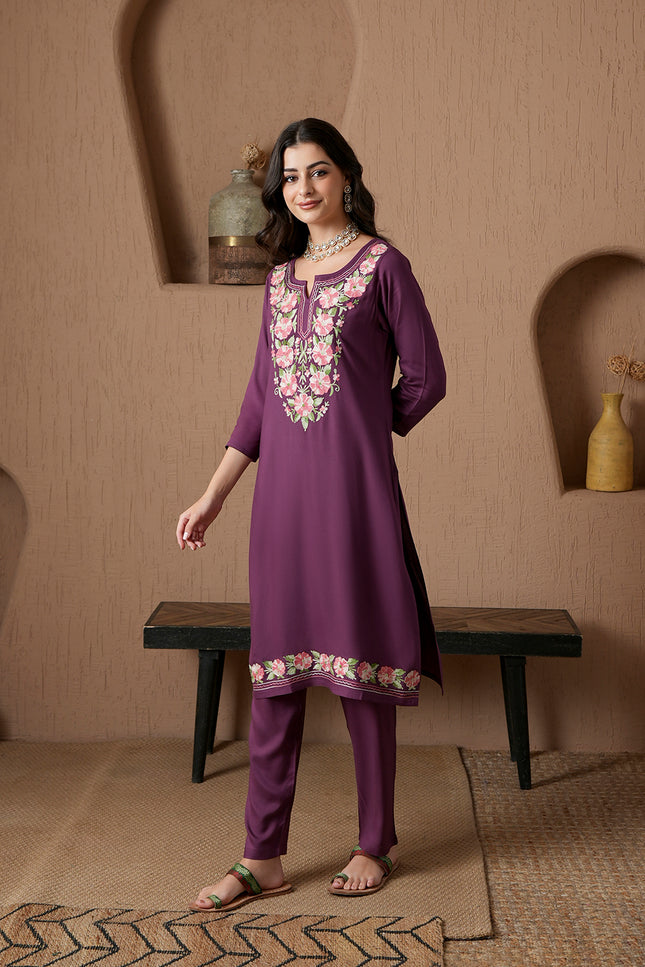 Qazmi Women's Mysa Kashmiri Aari Work Dark Wine Kurta Set