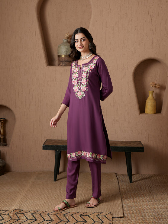 Qazmi Women's Mysa Kashmiri Aari Work Dark Wine Kurta Set