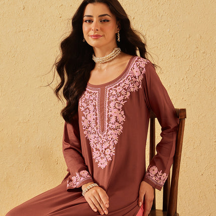 Qazmi Women's Firdousi Kashmiri Aari Work Brown Straight Kurta