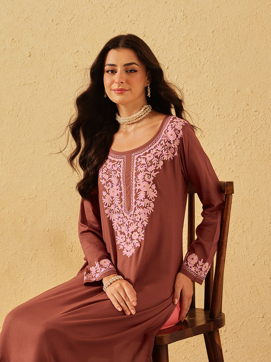 Qazmi Women's Firdousi Kashmiri Aari Work Brown Straight Kurta