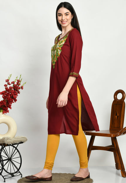Maroon Multi Aari Long Kurti For Women