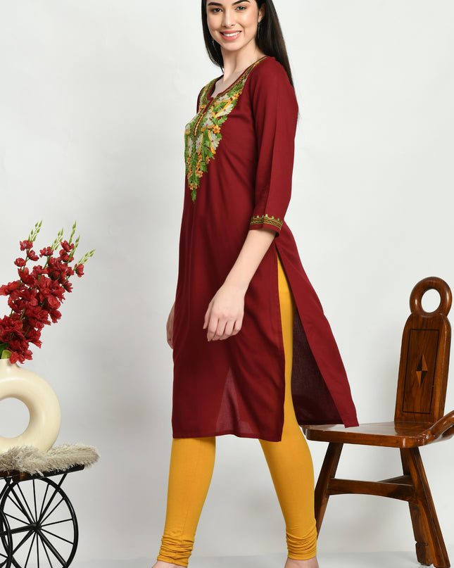 Maroon Multi Aari Long Kurti For Women