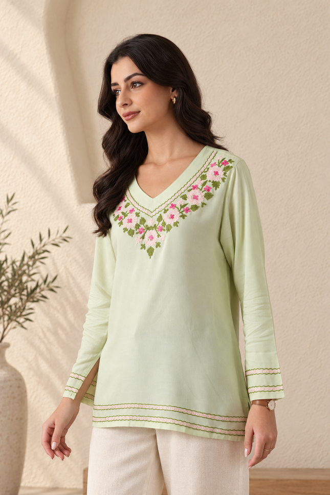 Qazmi Women's Ariana Kashmiri Embroidered V-Neck Short Kurti