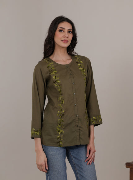 Qazmi Women Aari Embroidered Pure Cotton Mandarin Collar Top