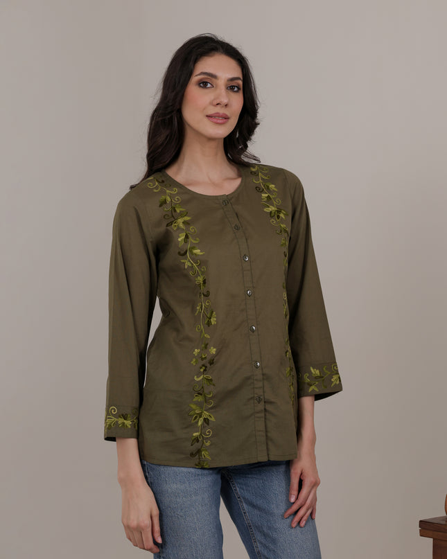 Qazmi Women Aari Embroidered Pure Cotton Mandarin Collar Top