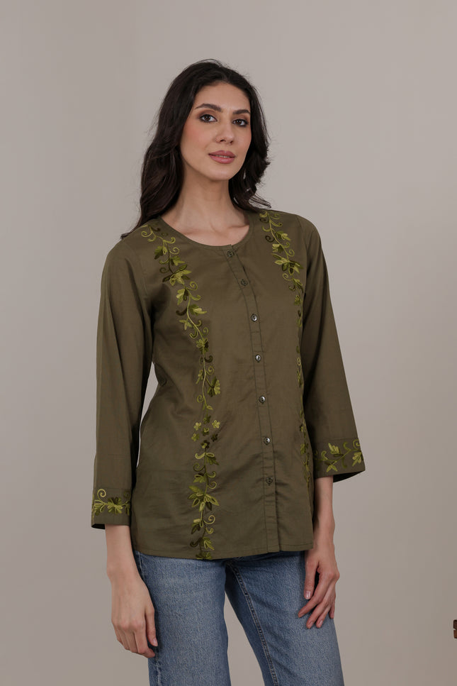 Qazmi Women Aari Embroidered Pure Cotton Mandarin Collar Top