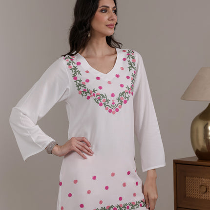 Qazmi Women's Aari Embroidered Viscose Rayon Full Sleeves Straight Kurti
