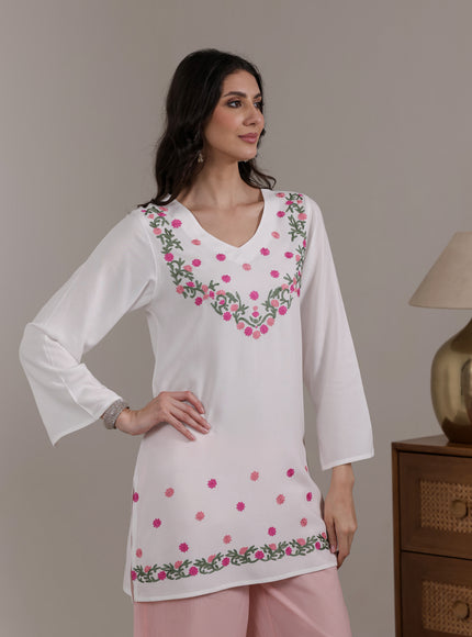 Qazmi Women's Aari Embroidered Viscose Rayon Full Sleeves Straight Kurti