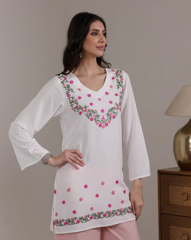 Qazmi Women's Aari Embroidered Viscose Rayon Full Sleeves Straight Kurti