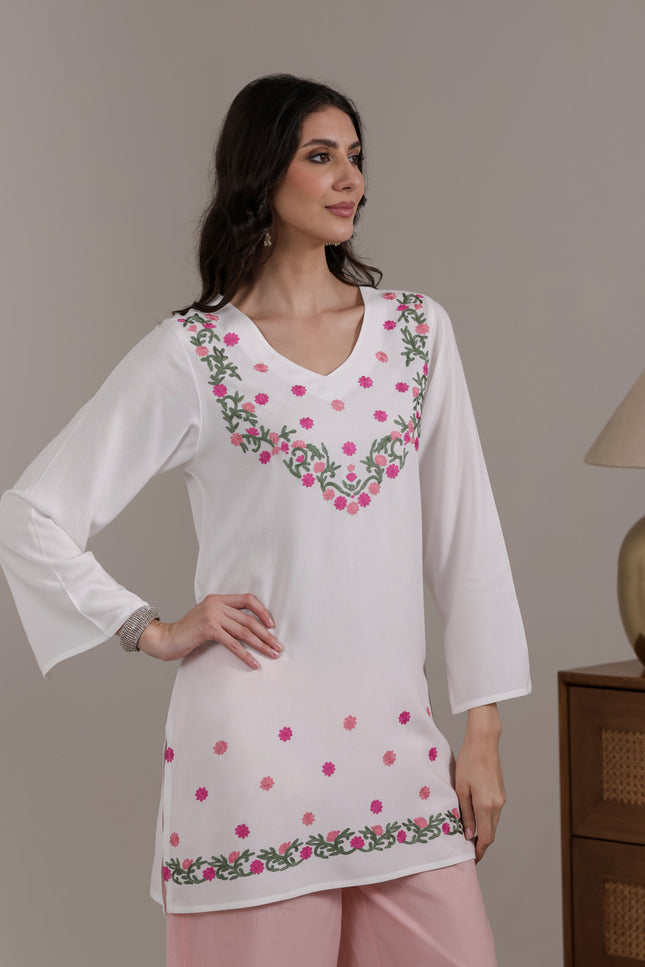 Qazmi Women's Aari Embroidered Viscose Rayon Full Sleeves Straight Kurti