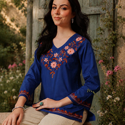 Qazmi Women's Nafisa Kashmiri Aari Work V-Neck Blue Kurti