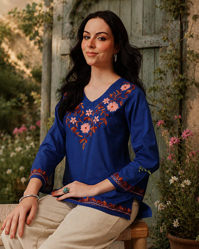 Qazmi Women's Nafisa Kashmiri Aari Work V-Neck Blue Kurti