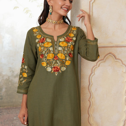 Qazmi Women's Zaynab Kashmiri Aari Work Cotton Linen Olive Green Kurta