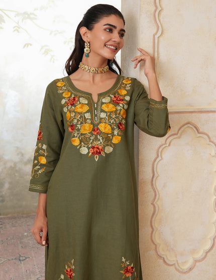 Qazmi Women's Zaynab Kashmiri Aari Work Cotton Linen Olive Green Kurta