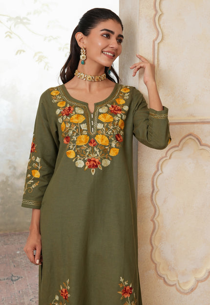 Qazmi Women's Zaynab Kashmiri Aari Work Cotton Linen Olive Green Kurta