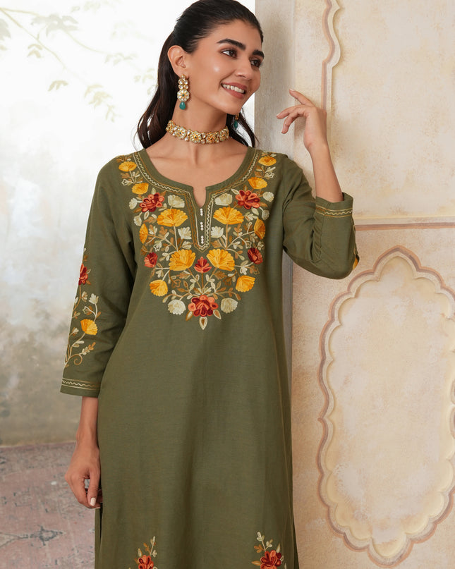 Qazmi Women's Zaynab Kashmiri Aari Work Cotton Linen Olive Green Kurta