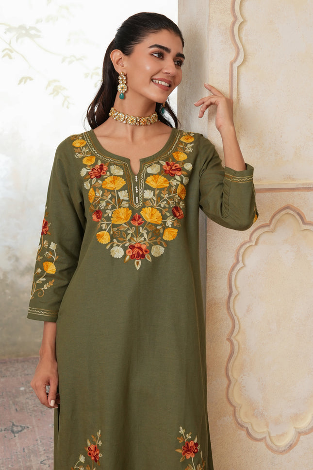Qazmi Women's Zaynab Kashmiri Aari Work Cotton Linen Olive Green Kurta