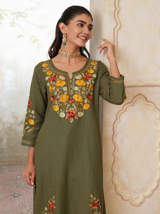 Qazmi Women's Zaynab Kashmiri Aari Work Cotton Linen Olive Green Kurta