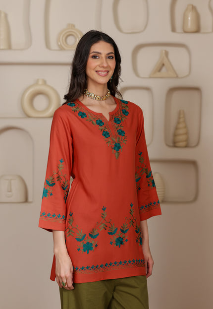 Qazmi Women Aari Embroidered Viscose Rayon Ethnic Short Kurta