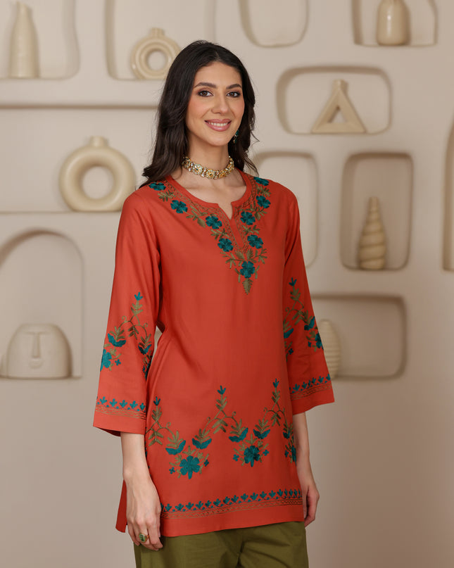 Qazmi Women Aari Embroidered Viscose Rayon Ethnic Short Kurta