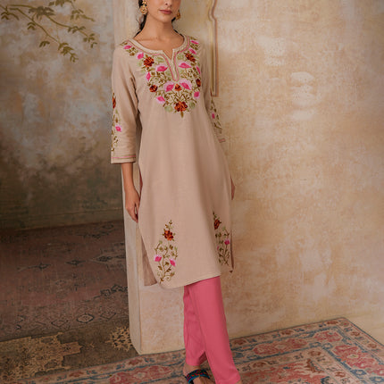 Qazmi Women's Zaynab Kashmiri Aari Work Cotton Linen Olive Green Kurta