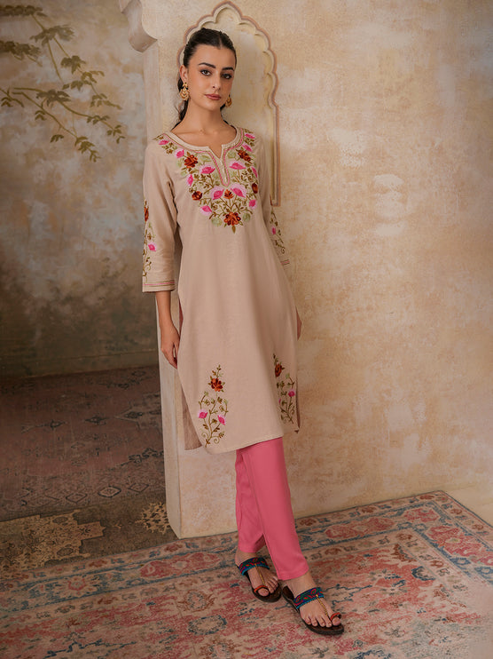 Qazmi Women's Zaynab Kashmiri Aari Work Cotton Linen Olive Green Kurta