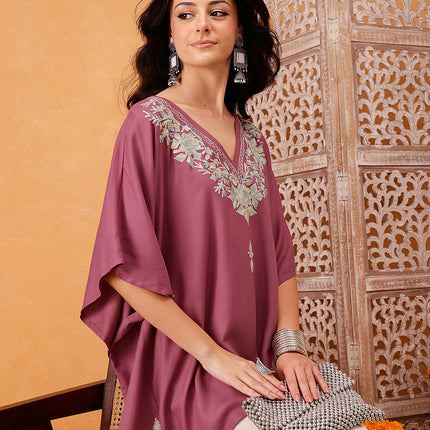 Qazmi Hannah V-Neck Flared Sleeves Aari Work Kaftan Kurti