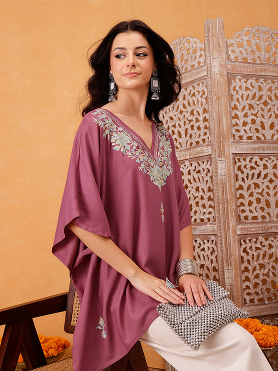 Qazmi Hannah V-Neck Flared Sleeves Aari Work Kaftan Kurti