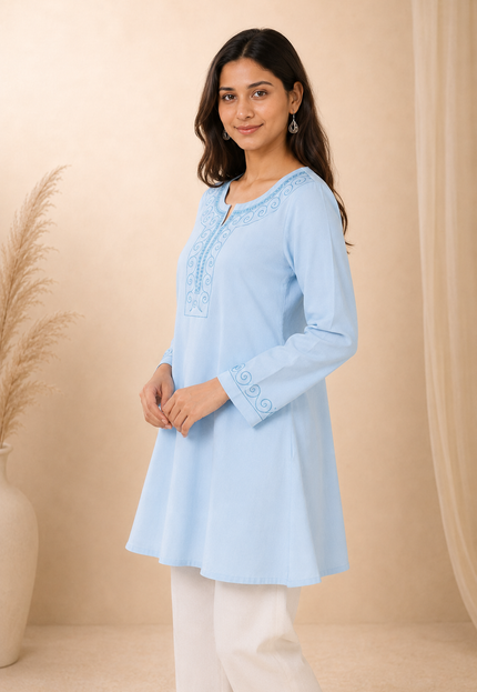 Qazmi Women Aari Embroidered Viscose Rayon A-Line Short Kurti with Full Sleeves