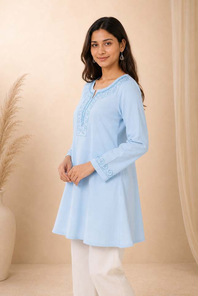 Qazmi Women Aari Embroidered Viscose Rayon A-Line Short Kurti with Full Sleeves
