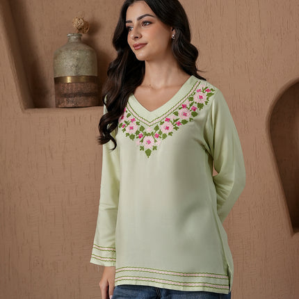 Qazmi Women's Amina Kashmiri Embroidered V-Neck Short Kurti