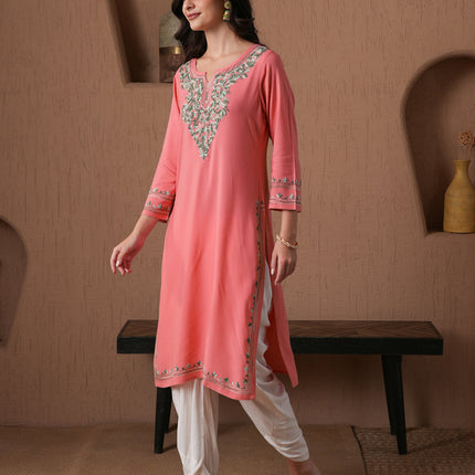 Qazmi Women's Mahsa Kashmiri Aari Work Straight Kurta